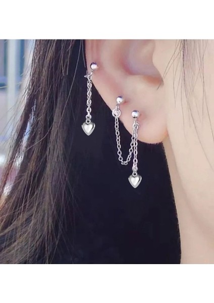 3'lü Zincirli Kalp Detaylı Kıkırdak Küpe fiyatları