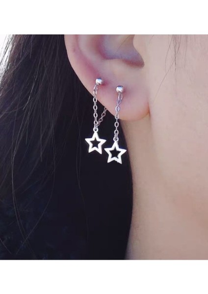 2'li Yıldız Detaylı Zincirli Kıkırdak Küpe