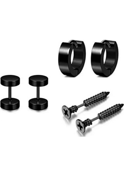 3 Çift 6 Adet Paslanmaz Çelik Siyah Set Bayan Erkek Küpe