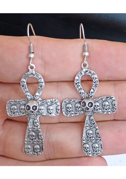 Kadın Antik Gümüş Kaplama Kuru Kafalı Haç Küpe fiyatları
