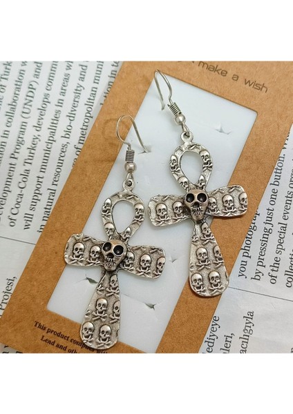 Kadın Antik Gümüş Kaplama Kuru Kafalı Haç Küpe modelleri