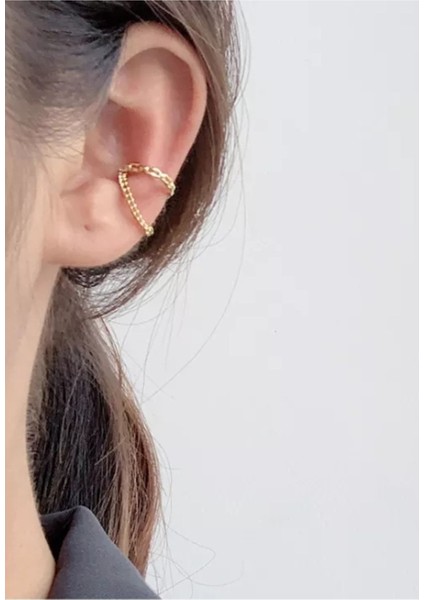 Altın Renk Zincirli Deliksiz Ear Cuff Manşet Kıkırdak Küpe