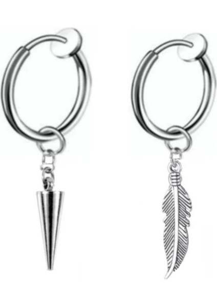 Tüy ve Mızrak Sallantılı Deliksiz Sıkıştırma 2'li Çelik Fake Küpe