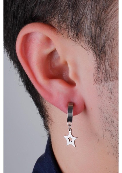 Deliksiz Sıkıştırmalı Çelik Yıldız Figürlü Erkek Küpe