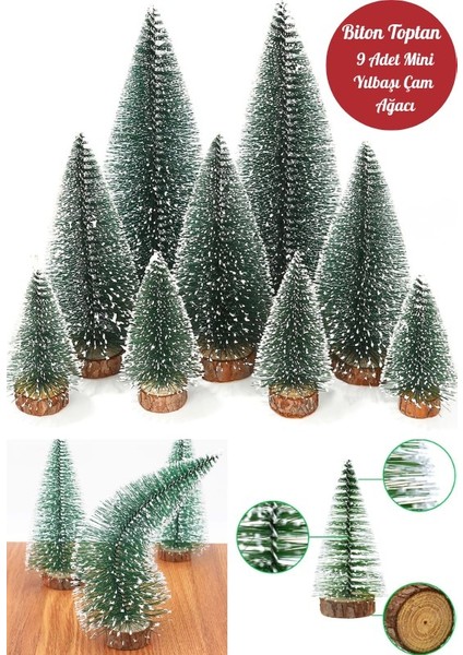 9 Adet Nevada Mini Çam Ağacı Uçlarına Kar Yağmış Karlı Yılbaşı Hediyesi 15-12-8 cm