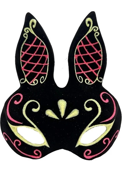 Siyah Renk Kırmızı Gold Simli Siyah Süet Kaplama Tavşan Maskesi 18 x 16 cm
