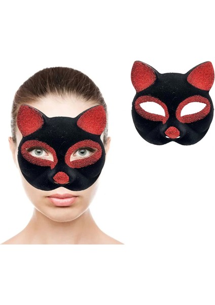 Siyah Renk Kırmızı Simli Süet Kaplama Kedi Maskesi 18 x 14 cm fiyatları
