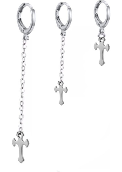 3'lü Set Halka Kıkırdak Haç Küpe Seti