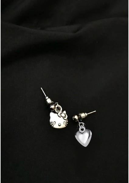 Hello Kitty ve Kalp Küpe Antik Gümüş Kaplama