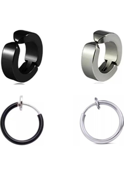 Unisex Siyah ve Gümüş 4 Adet Set Halka Çelik Küpe