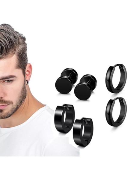 Çelik Siyah 3 Çift Erkek Küpe Set