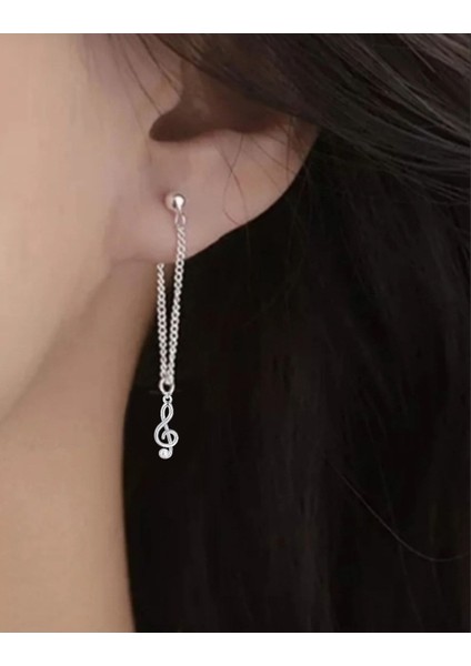 Sol Anahtarı Sallantılı Zincirli Çelik Top Küpe 2 Adet