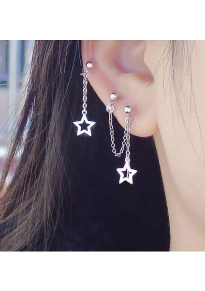 3'lü Zincirli Yıldız Detaylı Kıkırdak Küpe