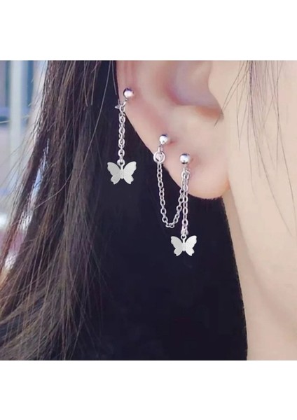 3'lü Zincirli Kelebek Detaylı Kıkırdak Küpe fiyatları