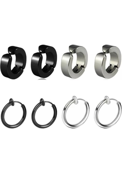 Unisex Siyah ve Gümüş Renk 4 Çift Set Deliksiz Halka Çelik Küpe
