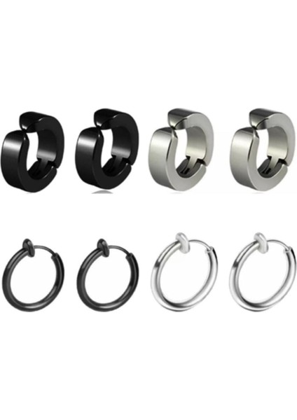 Unisex Siyah ve Gümüş Renk 4 Çift Set Deliksiz Halka Çelik Küpe