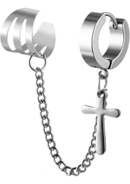 Üst Deliksiz Alt Delikli İkili Haç Çelik Küpe