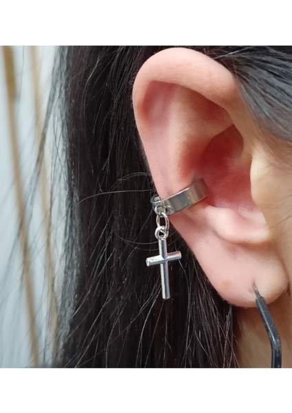 Deliksiz Sıkıştırma Haç Sallantılı Ear Cuff Çelik Küpe