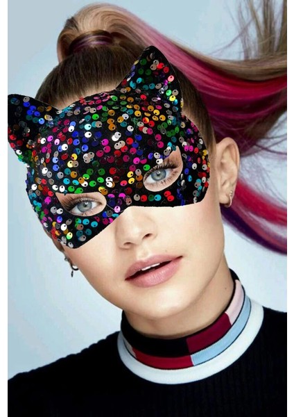 Siyah Kadife Kumaş Üzerine Rengarenk Payetli Pullu Parti Maskesi 16 x 14 cm fiyatları