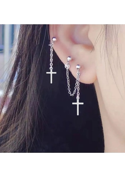 3'lü Zincirli Haç Detaylı Kıkırdak Küpe