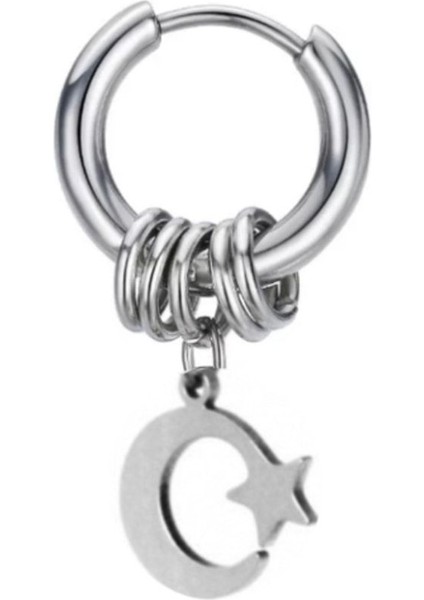 Çelik Ay Yıldız Sallantılı Halka Küpe
