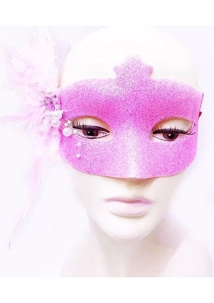 Sim Işlemeli Inci Boncuk Detaylı Tüylü Balo Maskesi Pembe Renk 13 x 18 cm