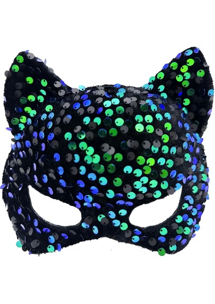 Siyah Kadife Kumaş Üzerine Mavi Yeşil Payetli Pullu Parti Maskesi 16 x 14 cm