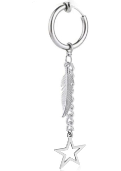 Deliksiz Sıkıştırma Tüy ve Yıldız Sallantılı Çelik Fake Küpe