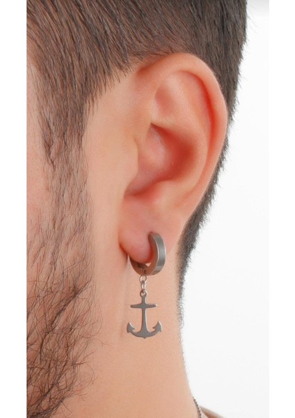 Deliksiz Sıkıştırmalı Çapa Figürlü Çelik Erkek Halka Küpe