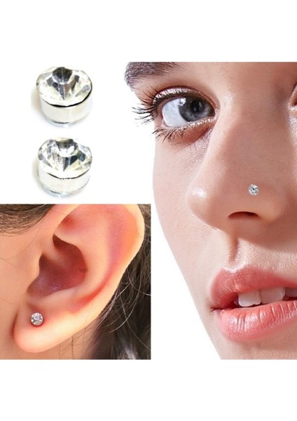 4mm Mıknatıslı Küpe Ince Beyaz Zirkon Taşlı 1 Çift Burun Kulak Dudak Hızma Manyetik Çelik