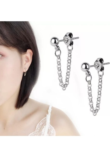 Çift Taraflı Kore Style Zincirli Top Küpe 2 Adet