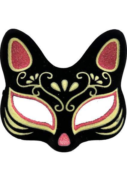 Siyah Renk Süet Kaplama Üzeri Kırmızı Sarı Simli Kedi Maskesi 17 x 14 cm