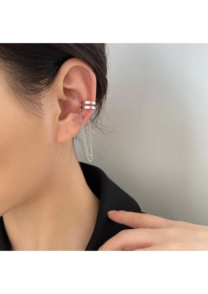 Deliksiz Sıkıştırma Zincirli Ear Cuff Manşet Küpe