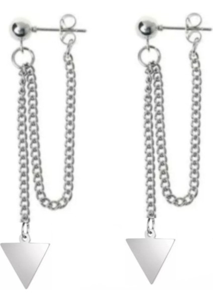 Üçgen Sallantılı Zincirli 2 Adet Top Çelik Küpe