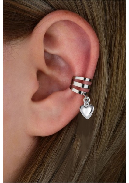 Deliksiz Sıkıştırma Kalp Sallantılı Ear Cuff Küpe