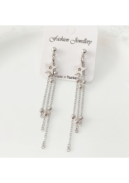 Silver Renk Sallantılı Zincirli Yıldız Küpe