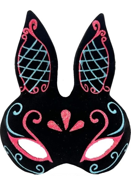 Siyah Renk Mavi Kırmızı Simli Siyah Süet Kaplama Tavşan Maskesi 18 x 16 cm