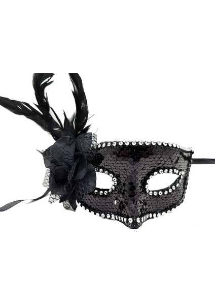 Siyah Renk Yandan Tüylü Güllü Gümüş Taşlı Pullu Maske 20 x 22 cm fiyatları