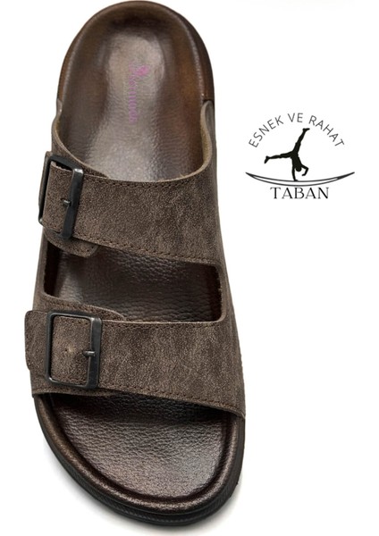Çift Toka Ayarlanabilir Genişlik Esnek Rahat Deri Erkek Terlik 25103 Kahve