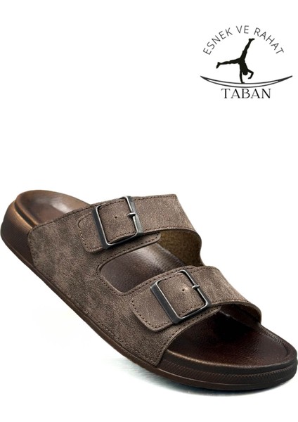Çift Toka Ayarlanabilir Genişlik Esnek Rahat Deri Erkek Terlik 25103 Kahve modelleri