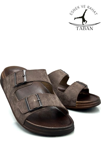 Çift Toka Ayarlanabilir Genişlik Esnek Rahat Deri Erkek Terlik 25103 Kahve fırsatları