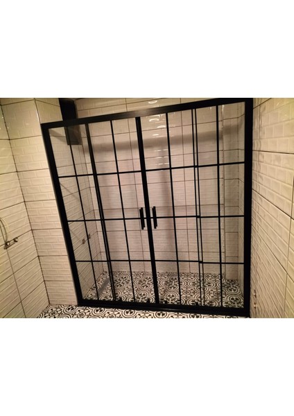 duşakabin Ön Cephe Giriş, 5 mm Siyah Artı Desenli Şeffaf Temperli Cam, Siyah Alüminyum H:190 cm