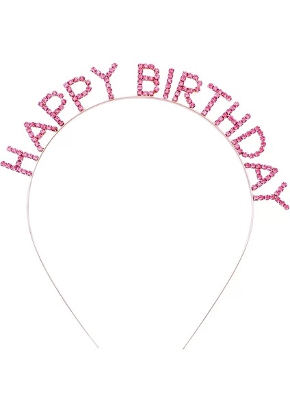 Pembe Renk Kristal Taşlı Gold Renk Kaplama Happy Birthday Taç 16X17 cm