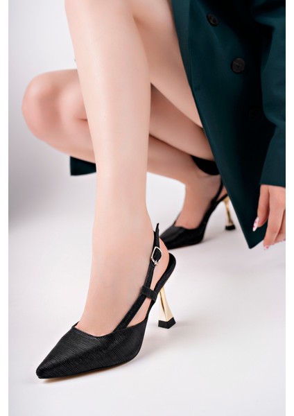 BA04456 Siyah Simli Kadın Yanı Bantlı Abiye 9 cm Topuklu Ayakkabı-40