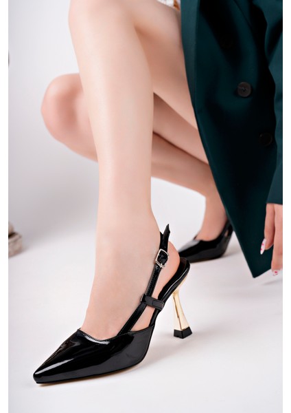 BA04456 Siyah Rugan Kadın Yanı Bantlı Abiye 9 cm Topuklu Ayakkabı-40 fiyatları