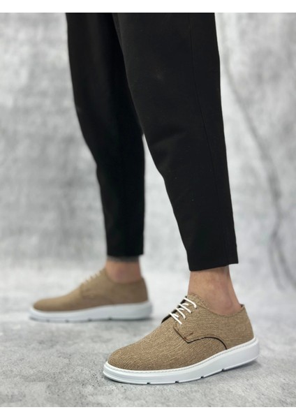 SBO0003 Bağcıklı Klasik Spor Keten Hardal Beyaz Taban Casual Erkek Ayakkabı