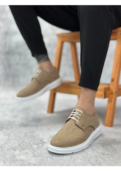SBO0003 Bağcıklı Klasik Spor Keten Hardal Beyaz Taban Casual Erkek Ayakkabı