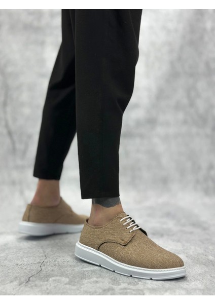 SBO0003 Bağcıklı Klasik Spor Keten Hardal Beyaz Taban Casual Erkek Ayakkabı