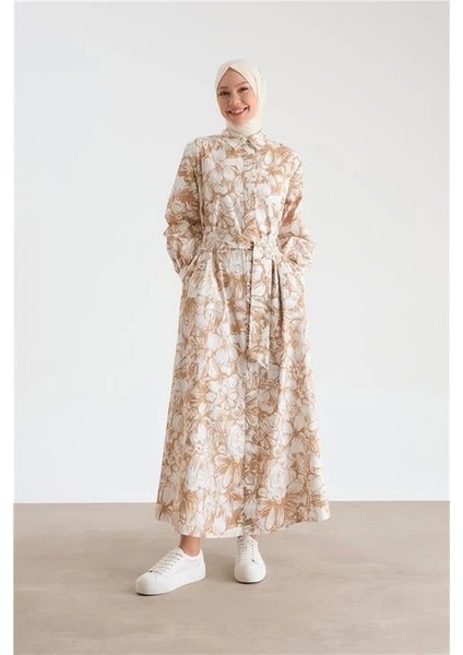 Beli Bağlamalı Desenli Elbise 24Y9840 Camel
