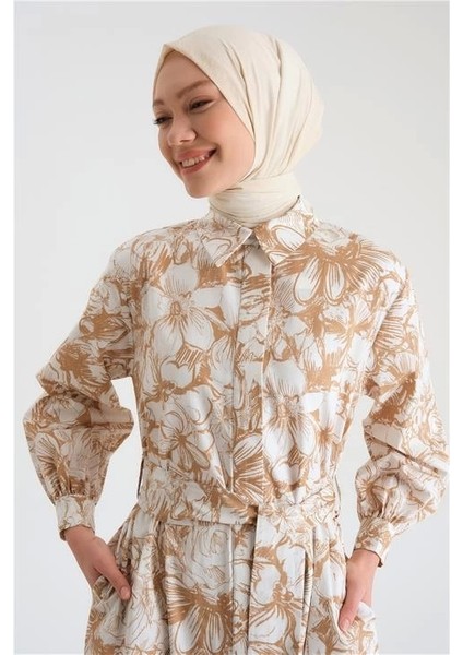 Beli Bağlamalı Desenli Elbise 24Y9840 Camel